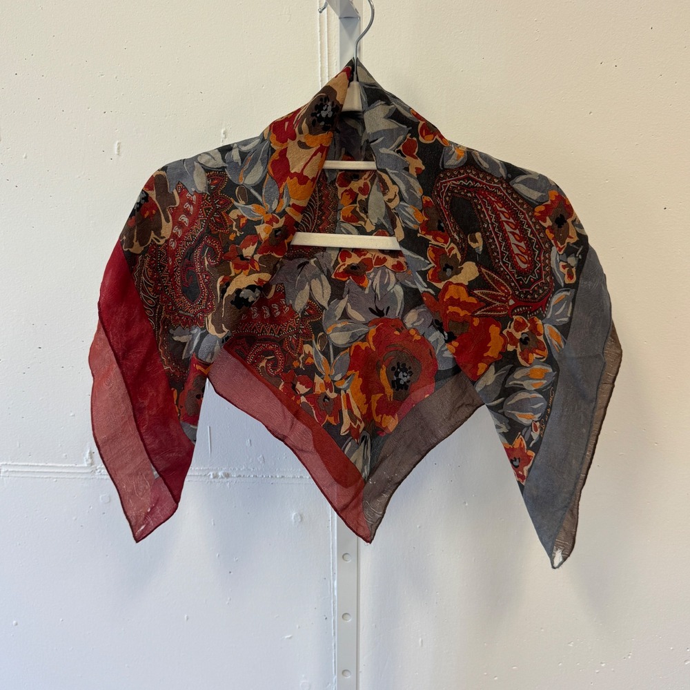 Vintage 70s Oscar de la Renta Floral Paisley Square Scarf Red Grey Silk 29x29